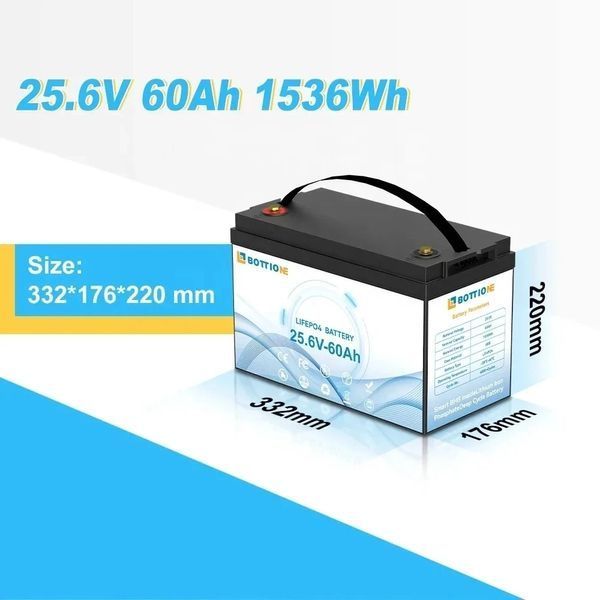 Аккумулятор BOTTIONE LiFePO4 25.6V 60AH 1536Wh для систем солнечной и автономной энергии