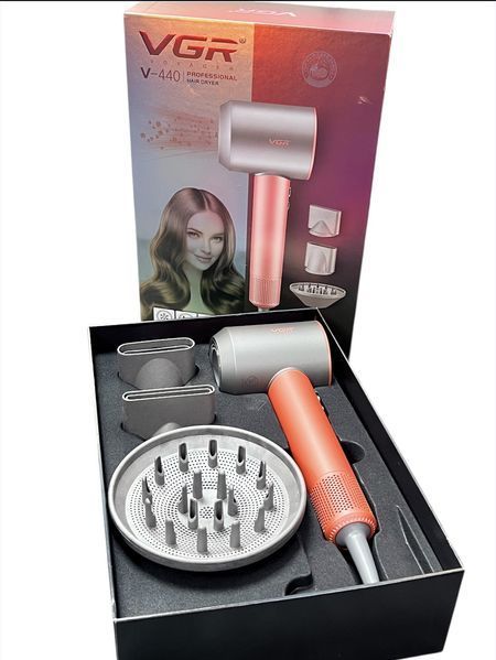 Професійний фен VGR V-440 Pink 2200W з насадками, 3 режими, захист від перегріву, 11000 об/хв