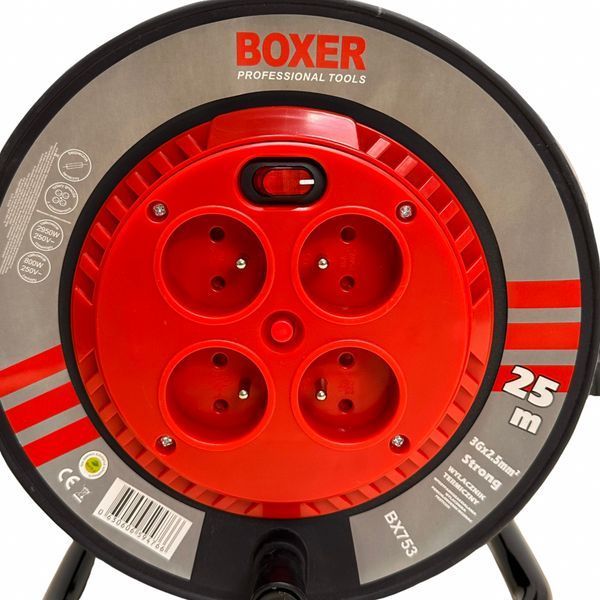 Подовжувач на катушці BOXER BX-753 25 метрів чотири розетки 2950 Вт