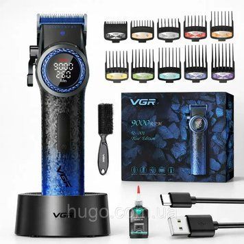 Акумуляторна машинка для стриження (clipper) VGR V-001 BLUE, 10 насадок, 9000 RPM, 4600 mAh, LED light, LED display
