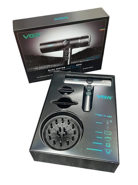Фен профессиональный VGR V-401 BLACK, 40 уровней обдува 70000 - 110000 RPM, 40 уровней температуры 60&deg;C - 100&deg;C, 3 насадки